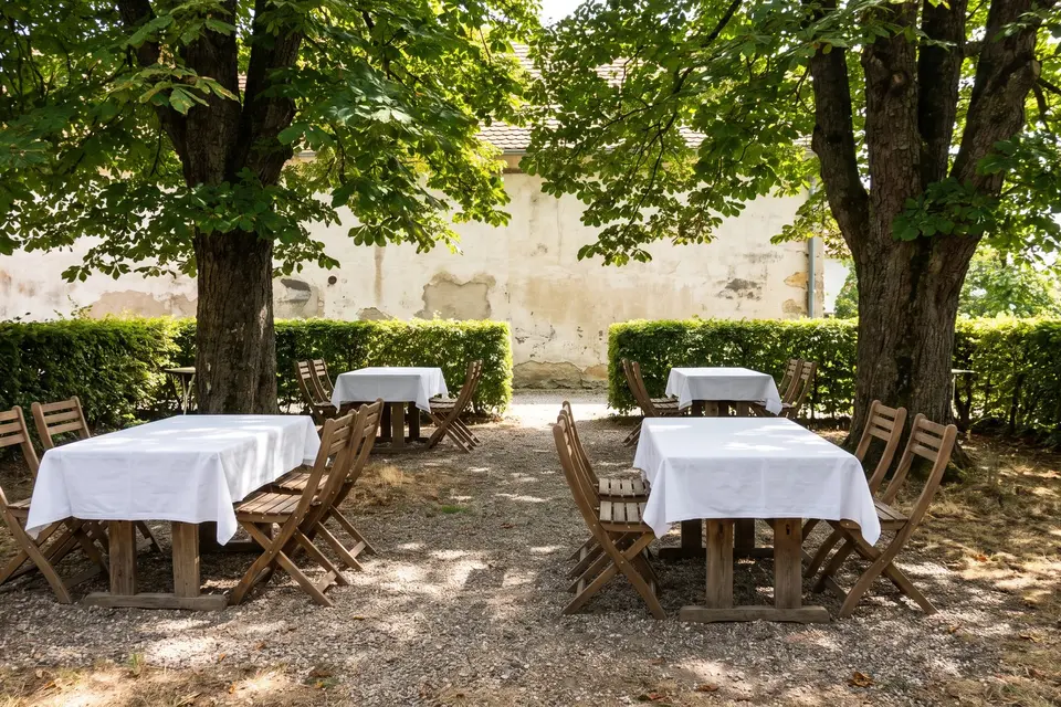 Die Gartenwirtschaft: gedeckte Tische im Kies unter den zwei Kastanien