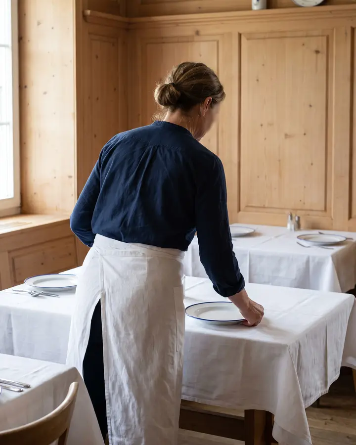 Barbara von hinten in der Gaststube, einen Teller auf dem Tisch