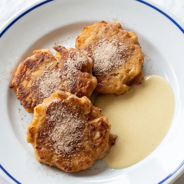 Drei Apfelküchlein mit Zimtzucker und Vanillesauce