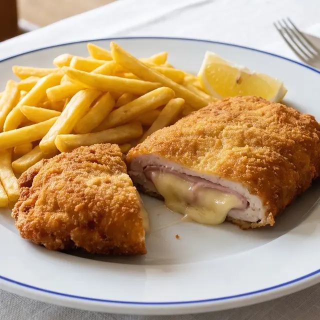 Cordon bleu, angeschnitten, mit Pommes frites und Zitrone