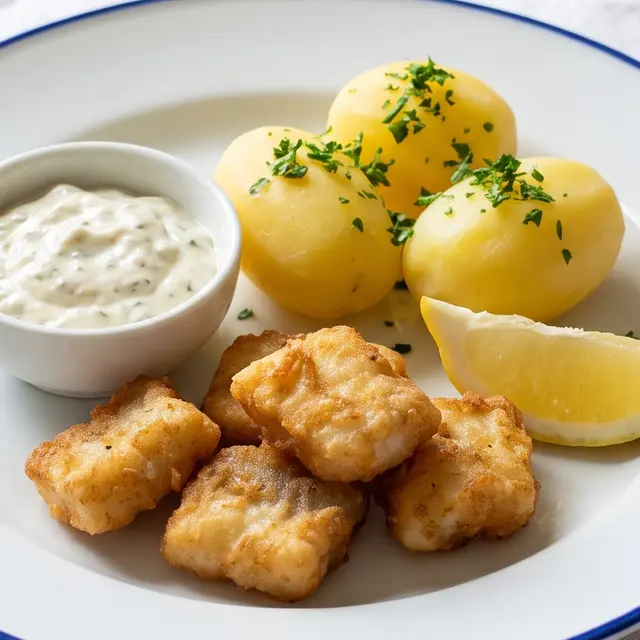Felchenknusperli mit Tartarsauce, Salzkartoffeln und Zitrone