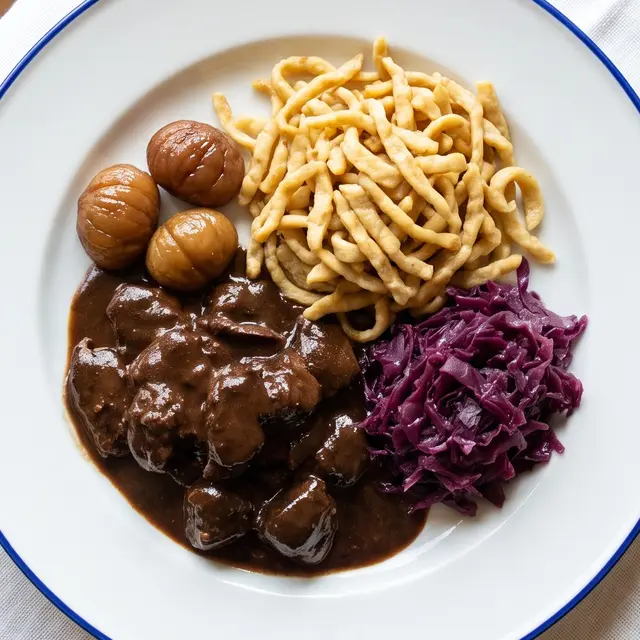 Rehpfeffer mit Spätzli, Rotkraut und Marroni, von oben